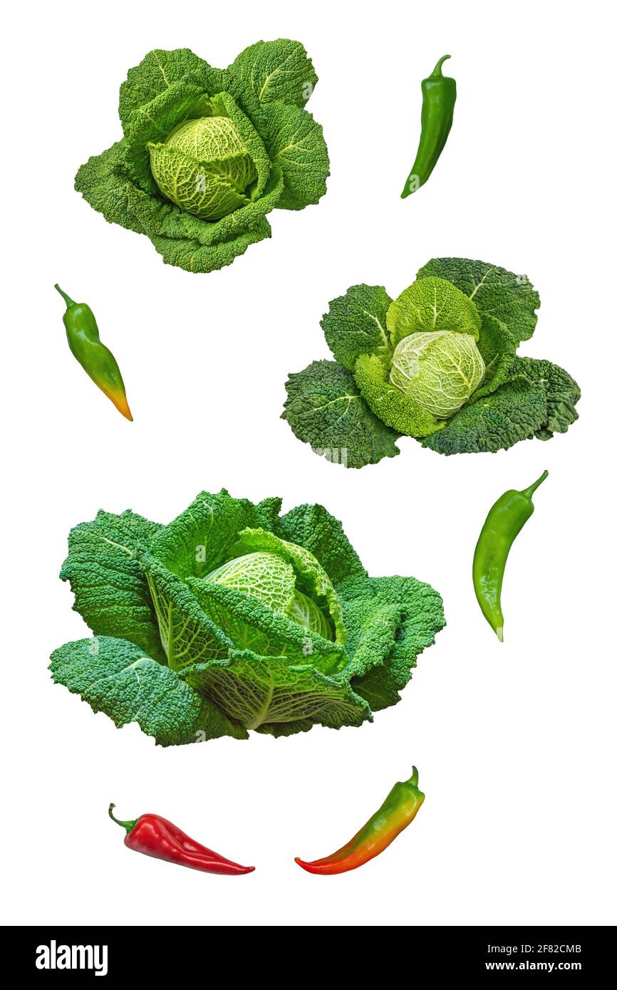 Vegetables, healthy food. Savoy cabbage and bell peppers isolated on white background. Stock Photo