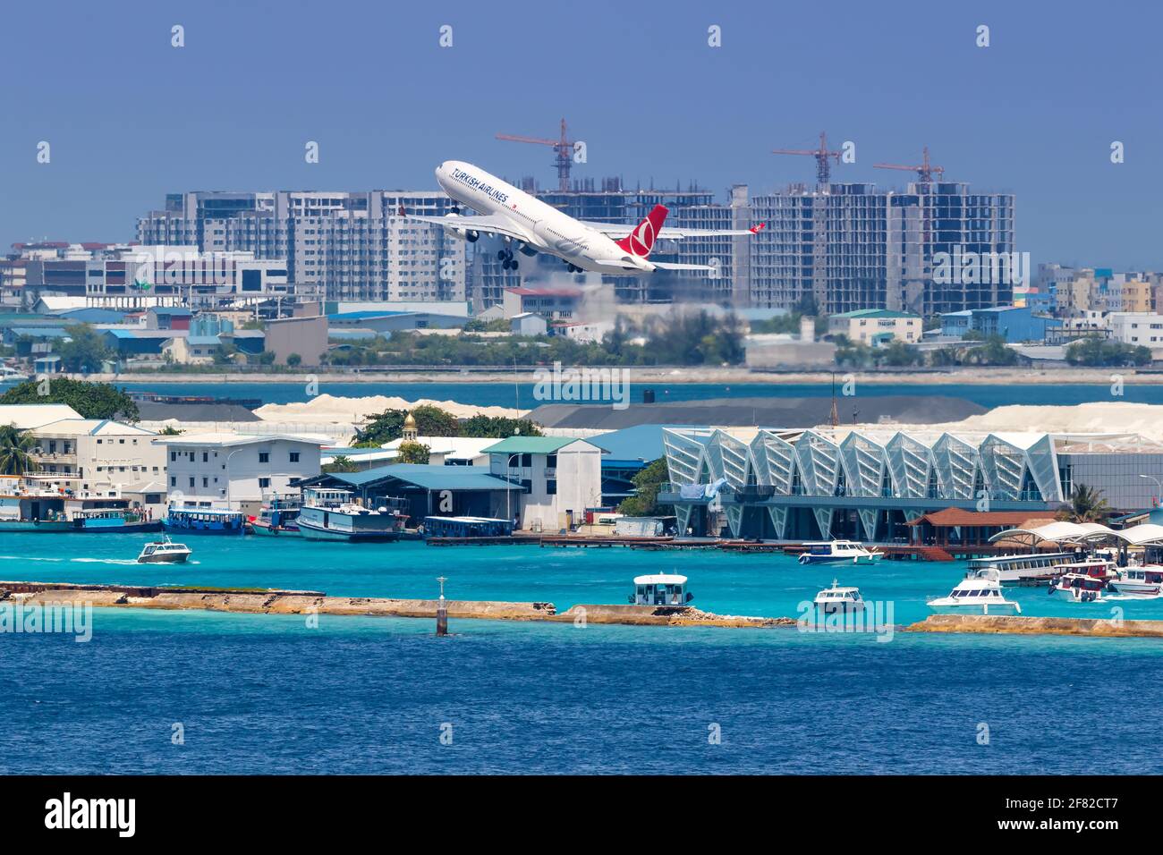 Male, Maldives – February 18, 2018: Turkish Airlines Airbus A330 airplane at Male airport (MLE) in the Maldives. Stock Photo