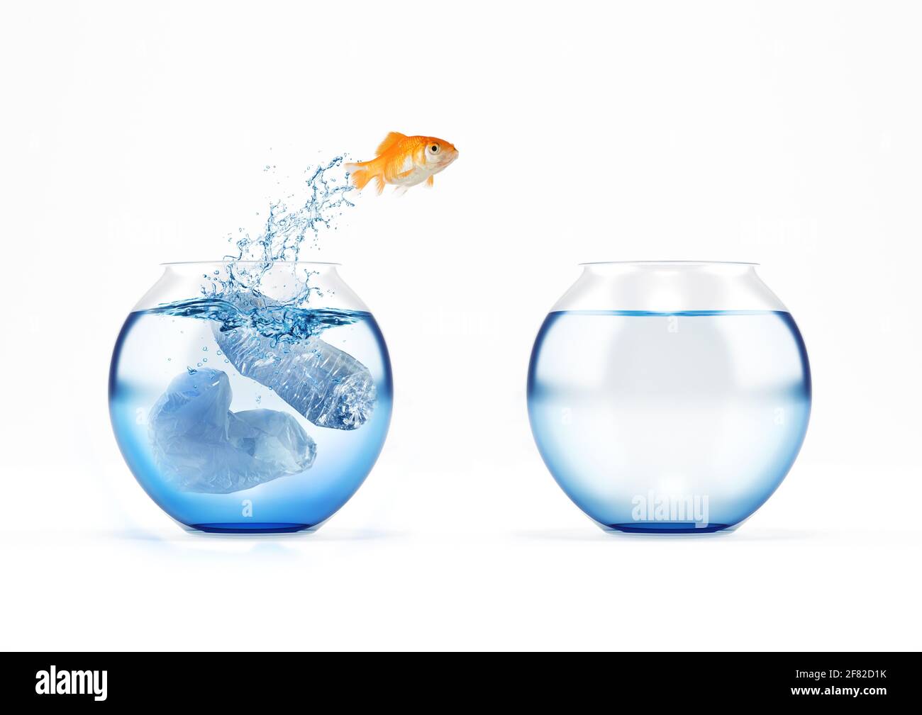 Red fish migrates from polluted to clean cruet. Concept of plastic