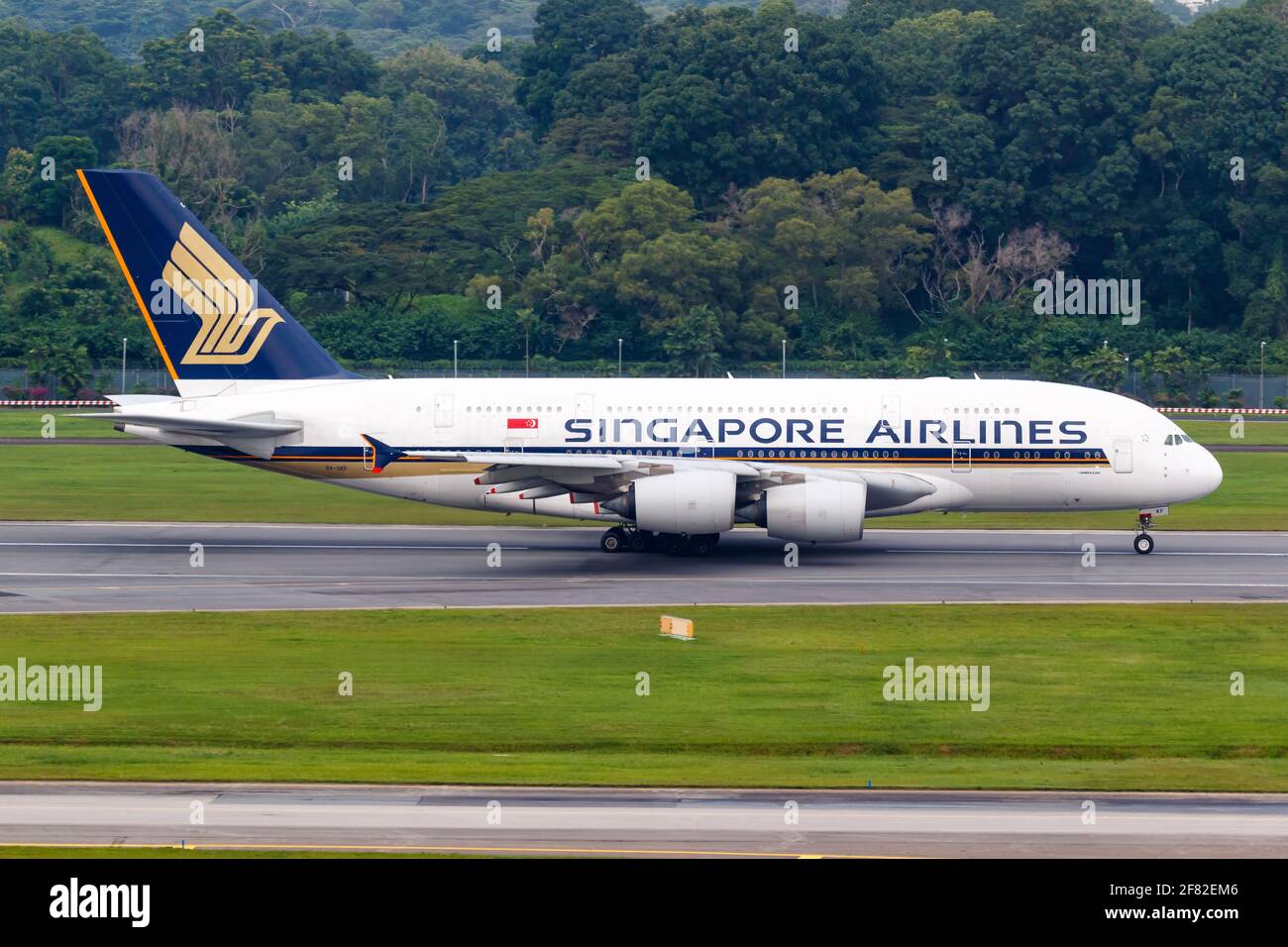Changi, Singapore – January 29, 2018: Singapore Airlines Airbus A380 airplane at Changi airport (SIN) in Singapore. Airbus is a European aircraft manu Stock Photo