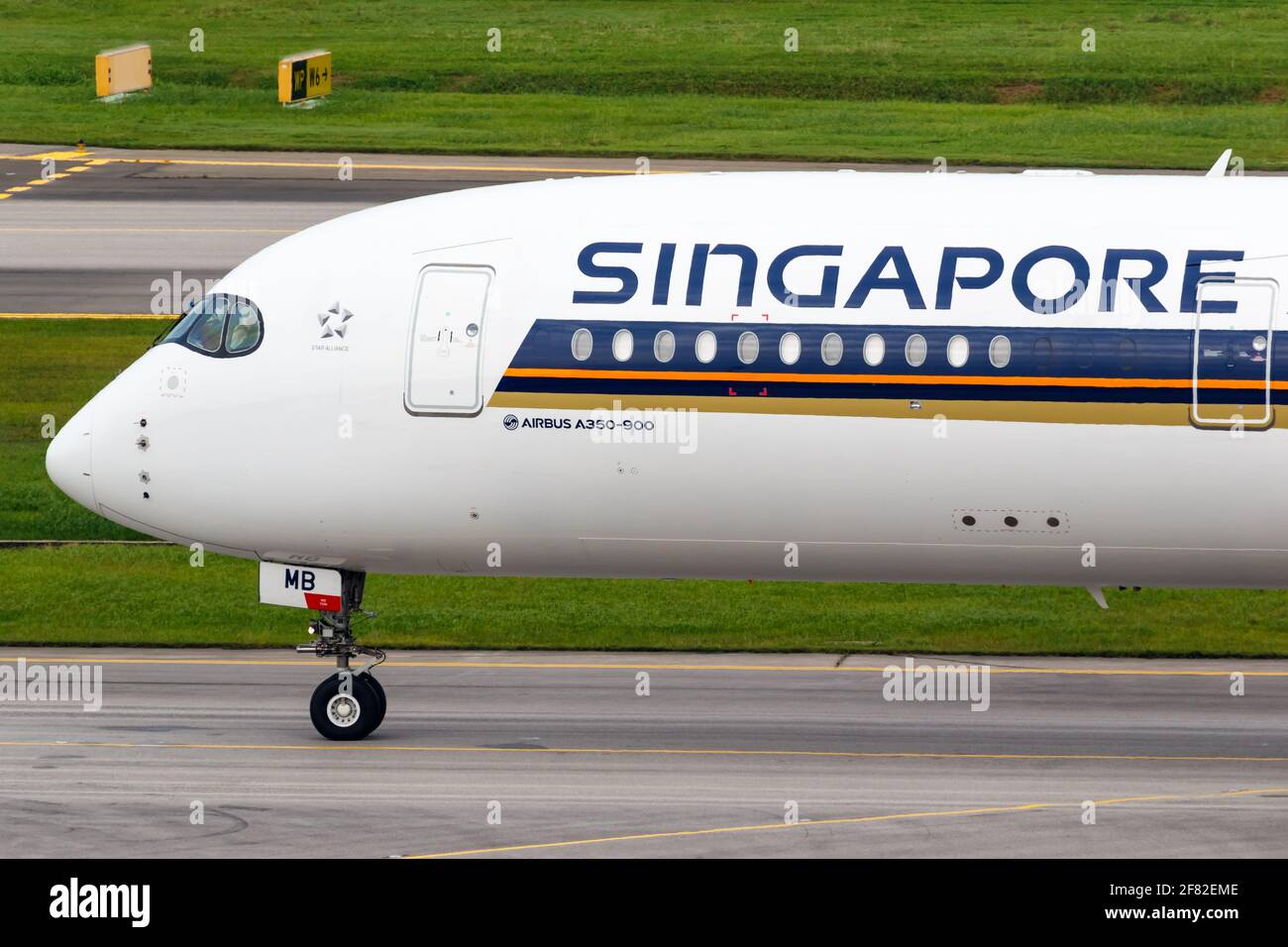 Changi, Singapore – January 29, 2018: Singapore Airlines Airbus A350 airplane at Changi airport (SIN) in Singapore. Airbus is a European aircraft manu Stock Photo