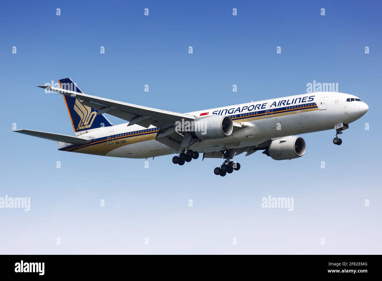 Changi, Singapore – January 29, 2018: Singapore Airlines Boeing 777-300ER airplane at Changi airport (SIN) in Singapore. Boeing is an American aircraf Stock Photo