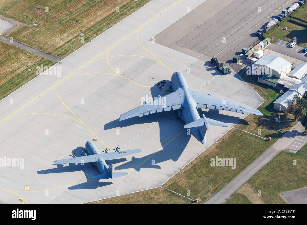 Stuttgart, Germany – September 2, 2016: Aerial photo of USA Air Force Lockheed Super Galaxy military aircraft at Stuttgart airport (STR) in Germany. Stock Photo