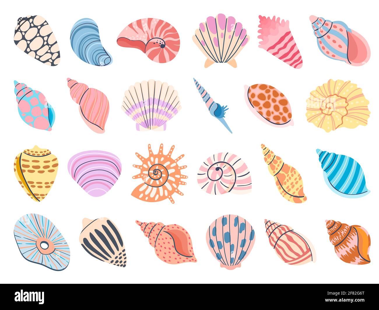 Tropical seashell. Cartoon clam, oyster and scallop shells. Colorful underwater conches of mollusk and sea snail. Ocean shellfish vector set Stock Vector