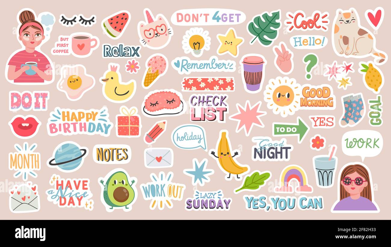 Diary stickers. Words, characters and quotes for planner journal. Trendy notebook decor with girls, food and cats. Daily reminder vector set Stock Vector