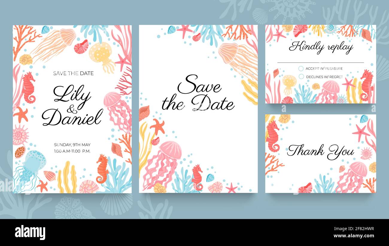 Sea wedding cards. Invitation to summer beach marriage party decorated with ocean seashell, seaweed and coral. Wedding save date vector set Stock Vector