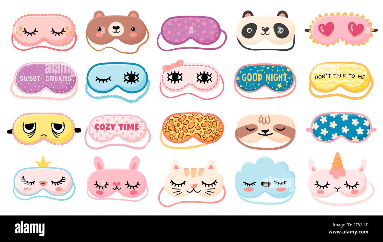 Masks for dreaming. Night mask with cute girl eyes, sleep quotes, panda, bear and cat faces. Cartoon animal mask for pajama print vector set Stock Vector