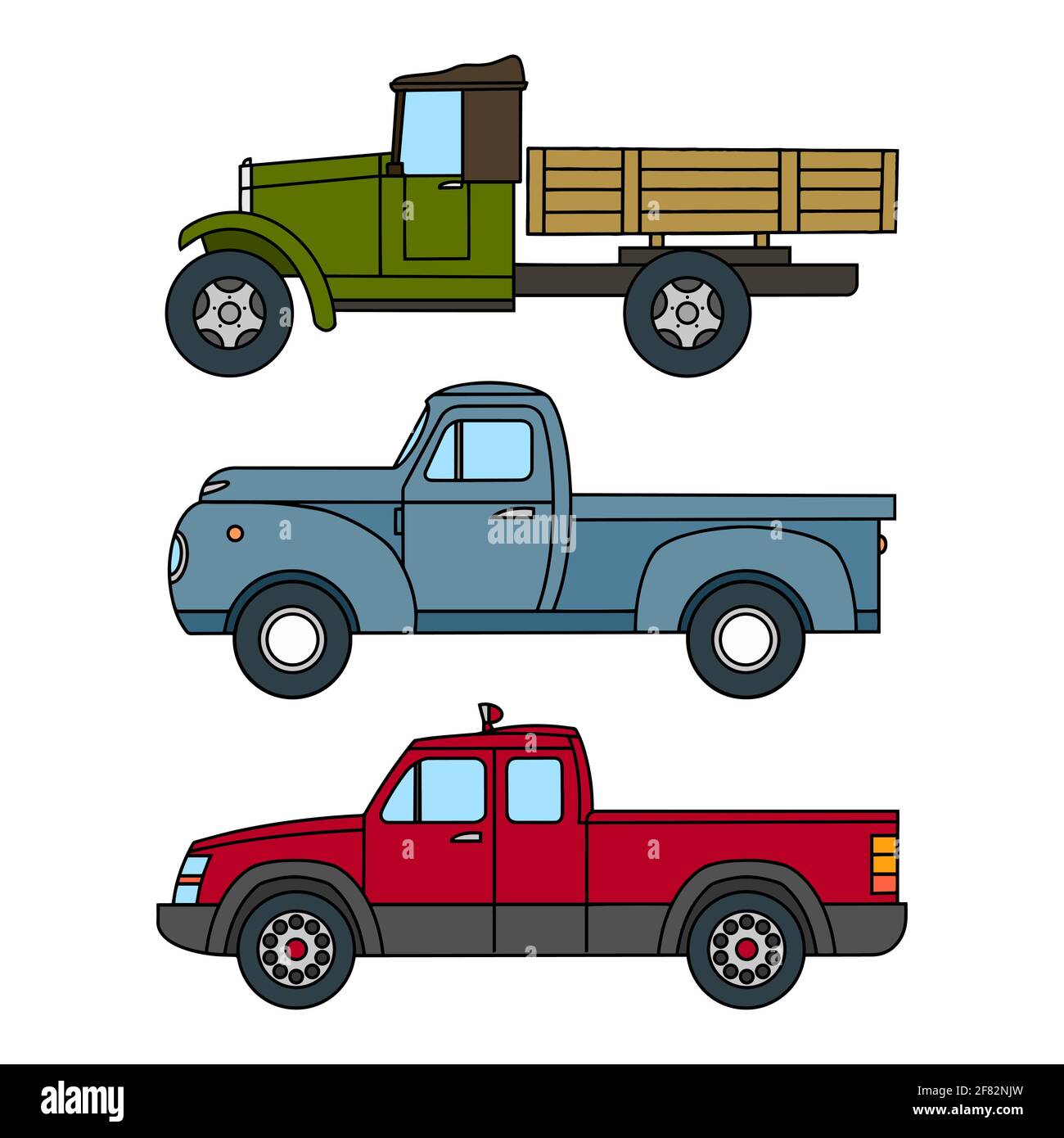 Set of Drawn Cartoon Vintage Trucks. Vector clipart Stock Vector