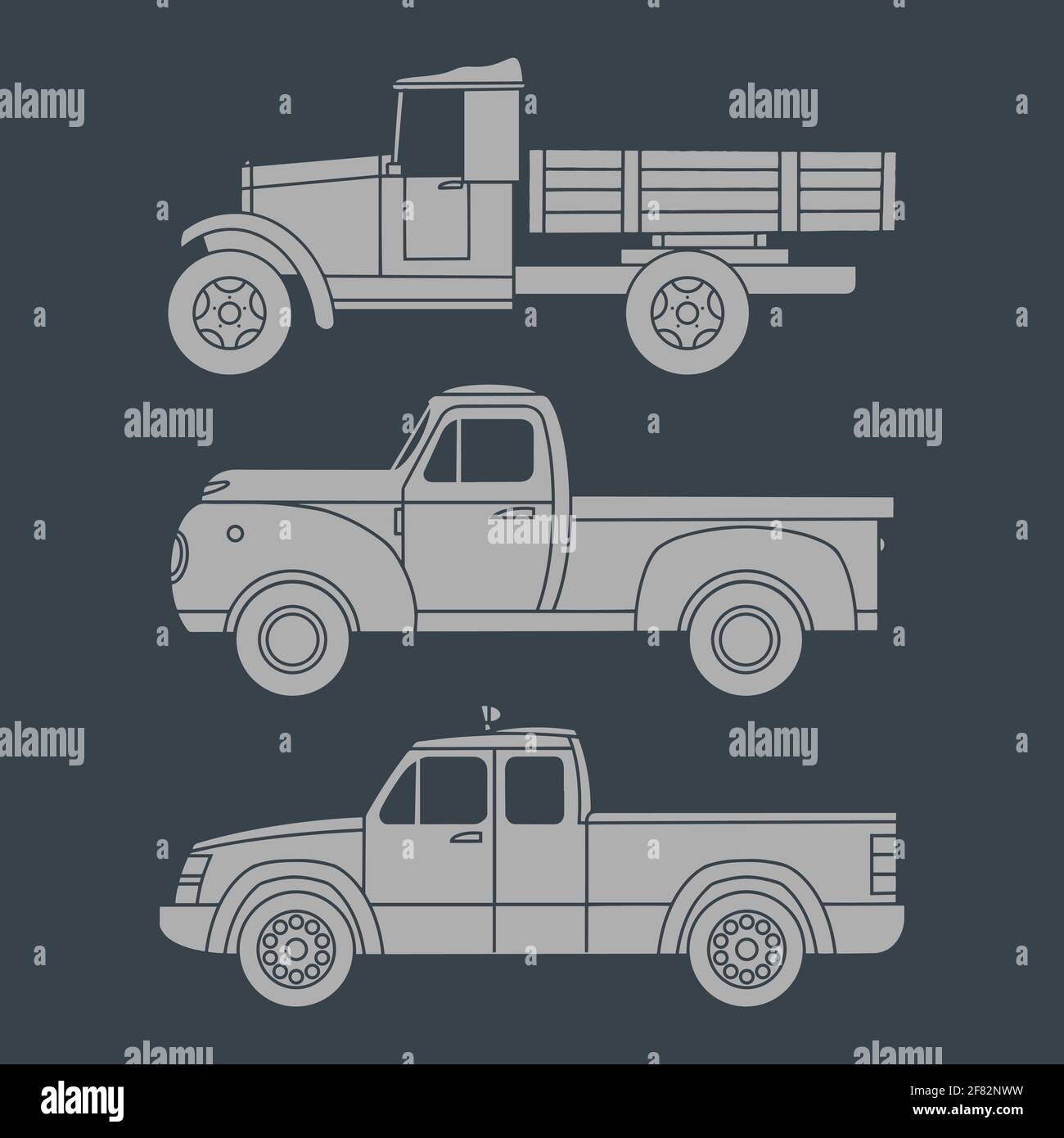 Set of old trucks painted on the side. Vector clipart Stock Vector