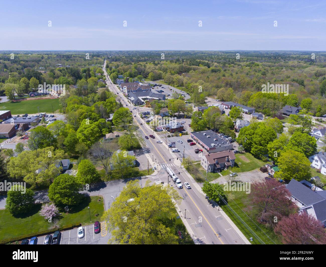 Aerial view of Millis historic town center and Main Street in spring