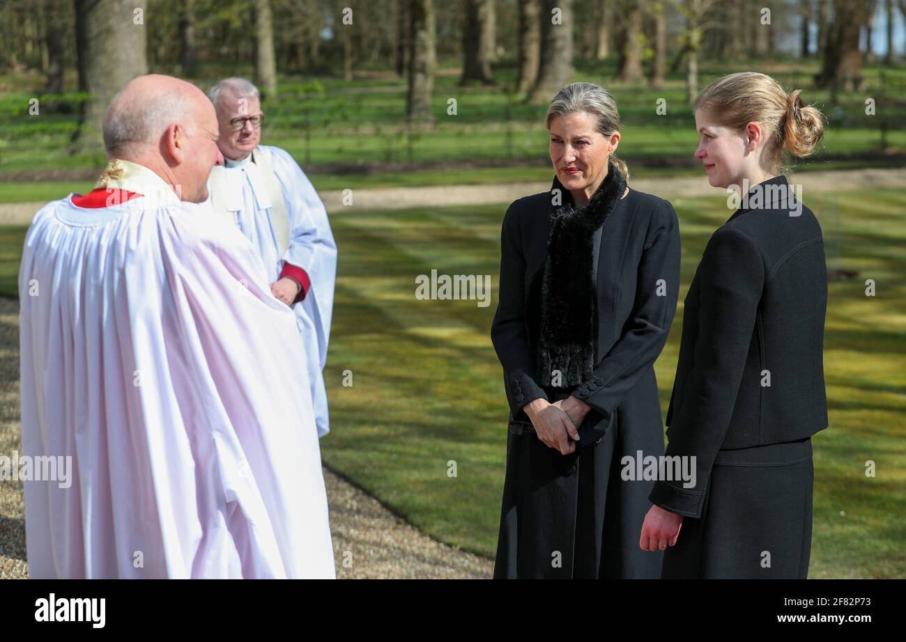 The Countess of Wessex, with her daughter Lady Louise Windsor, talks to Cannon Martin Poll, Domestic Chaplin to Her Majesty The Queen, as they attend the Sunday service at the Royal Chapel of All Saints, Windsor, following the announcement on Friday April 9, of the death of the Duke of Edinburgh at the age of 99. Picture date: Sunday April 11, 2021. Stock Photo