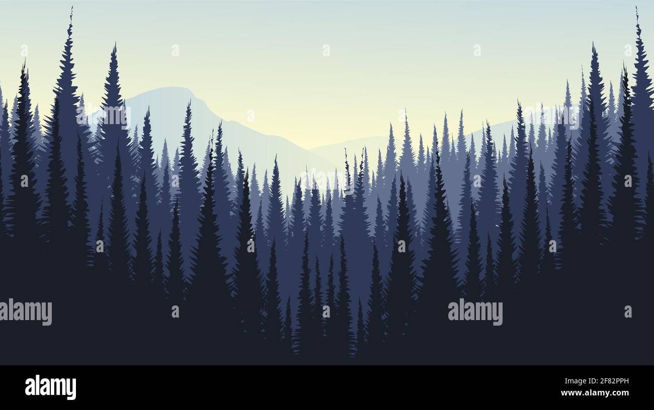 Vector Mountain landscape with  Pine Forest,foggy and mist concept design. Stock Vector