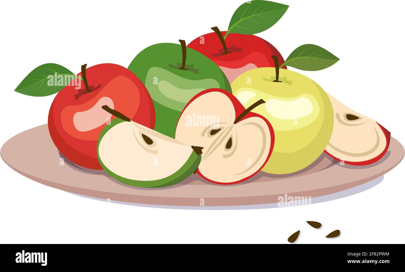 Set of red and green apples on a plate. Whole fruit with leaf, halves and wedges with seeds. A source of vitamins. Food for a healthy diet. Sweet Stock Vector