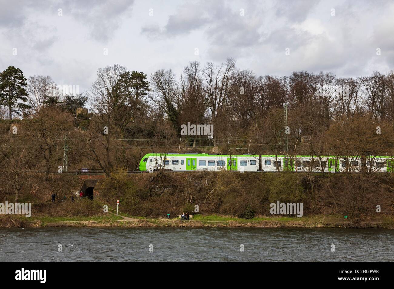 S-Bahn S3, train line between Oberhausen and Hattingen, operated by Abellio, on the banks of the river Ruhr, Essen, Germany, Europe Stock Photo