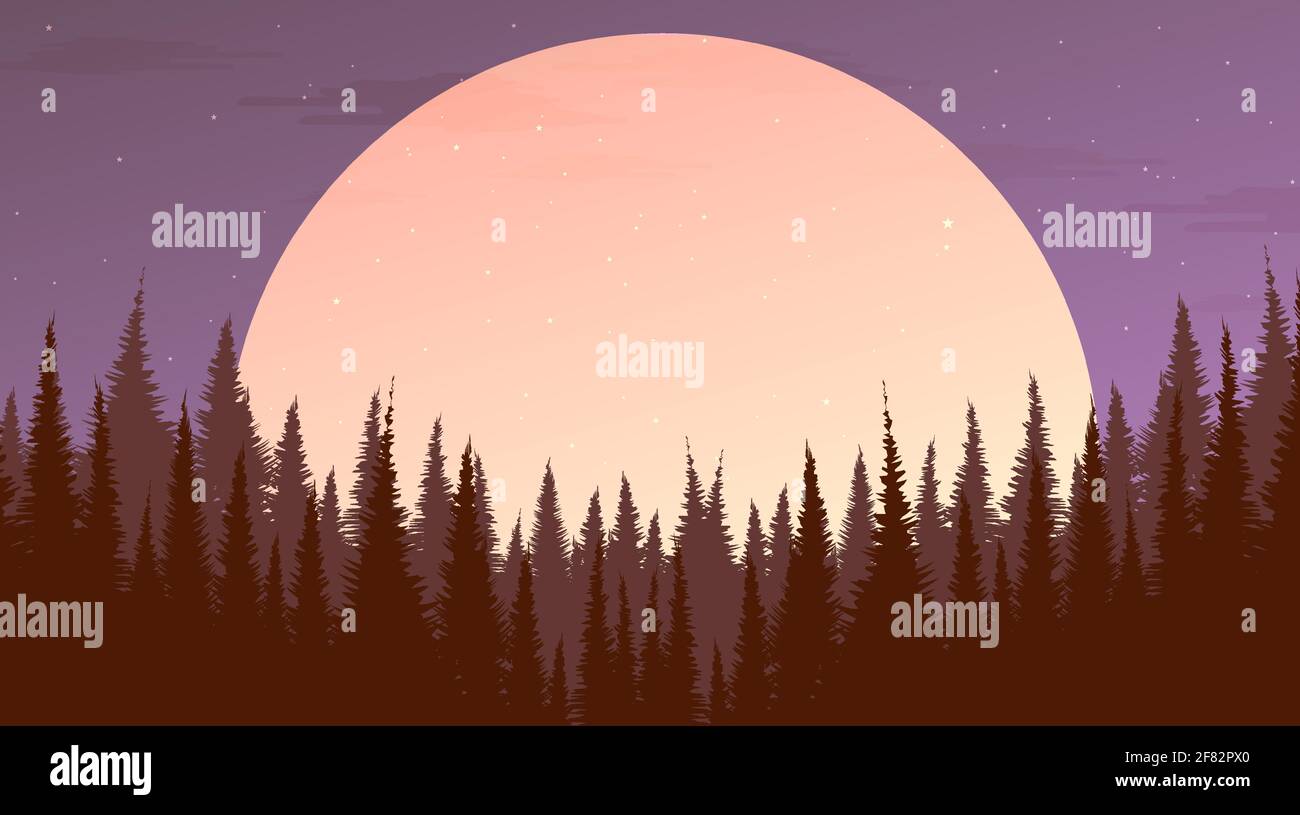 Fullmoon Night Pine Forest with the moon,landscape background, evening concept design,vector Stock Vector