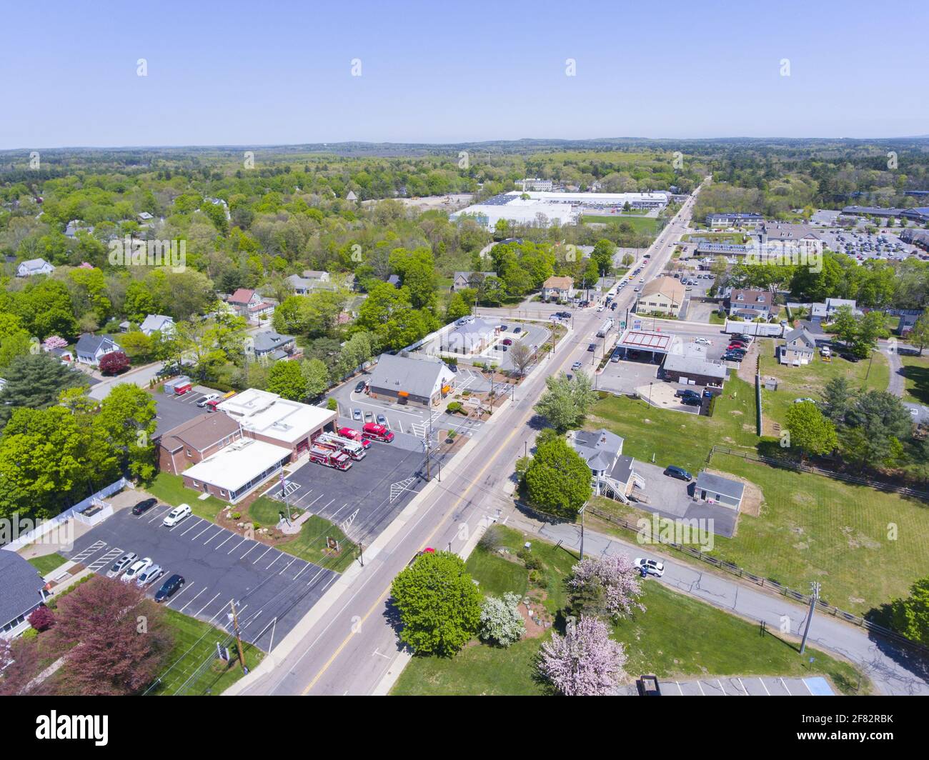Aerial view of Millis historic town center and Main Street in spring