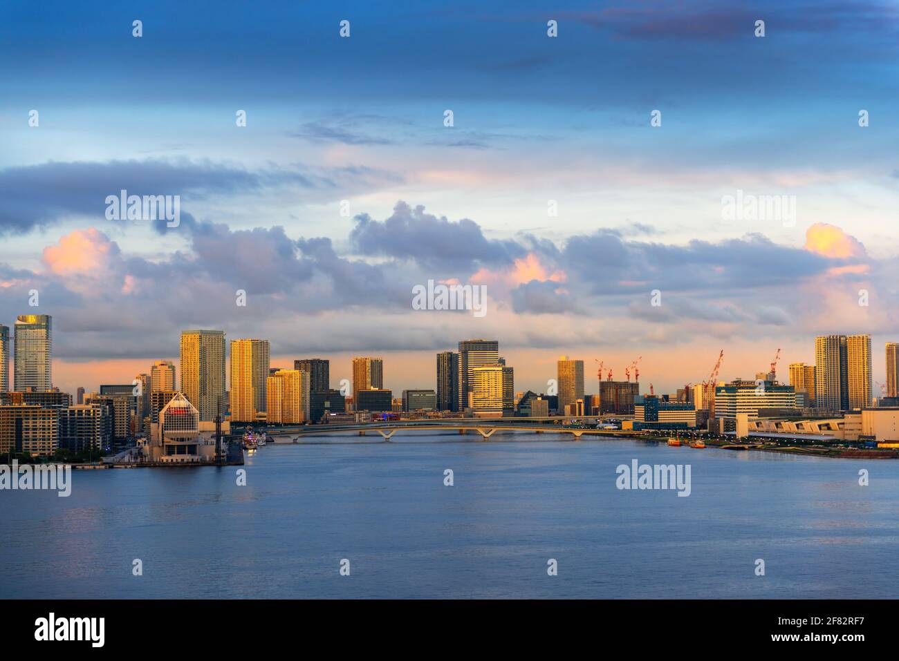 Beautiful evening scene of famous modern Harumi district Tokyo, Japan, travel background Stock Photo
