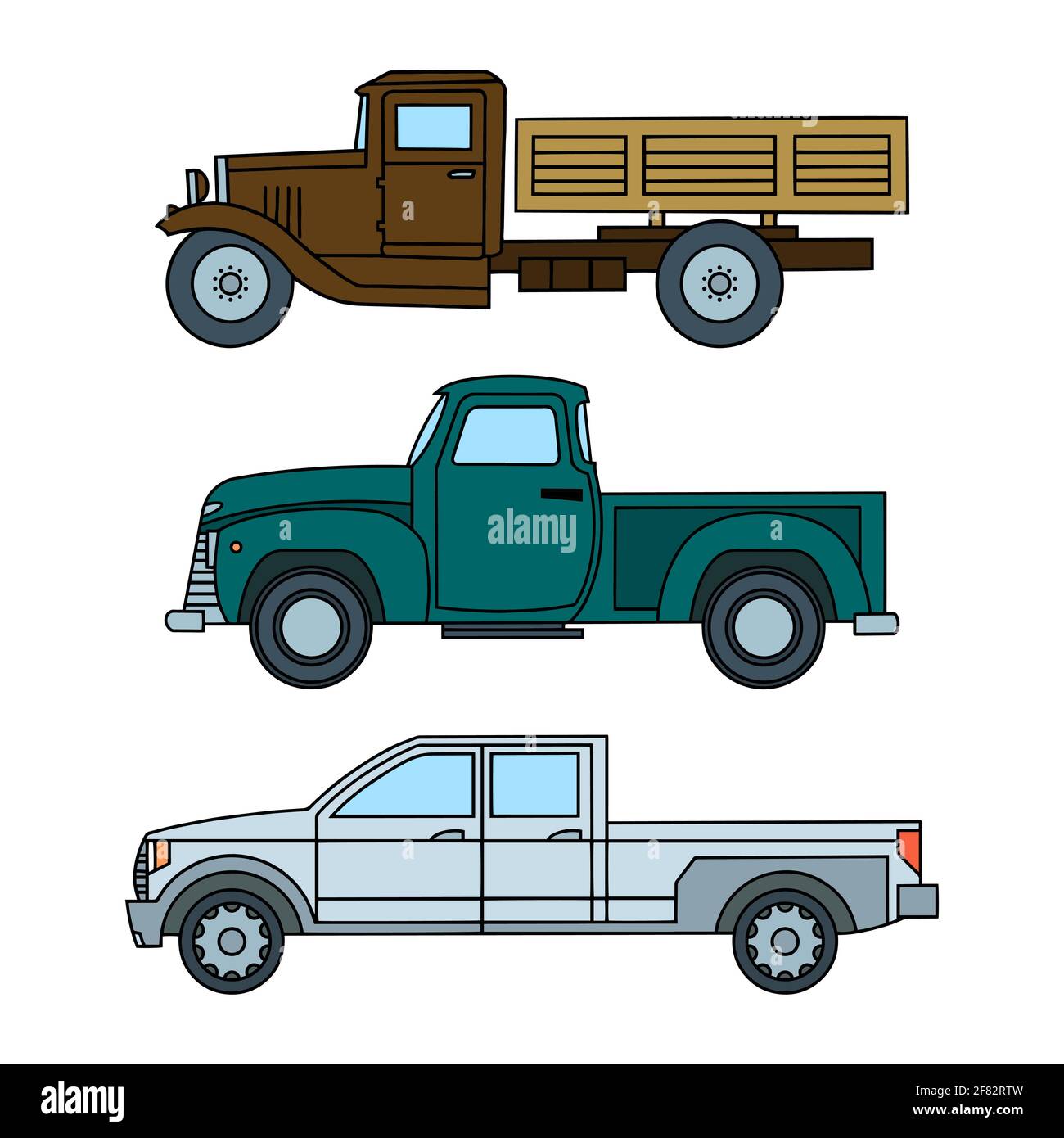 Set of colored vintage toy trucks. Side view. Vector clipart Stock Vector