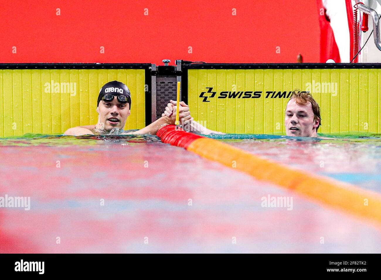 EINDHOVEN, NETHERLANDS - APRIL 11: Maximilian Pilger, Arjan Knipping competing in the Men 200m Breaststroke during the Eindhoven Qualification Meet at Stock Photo