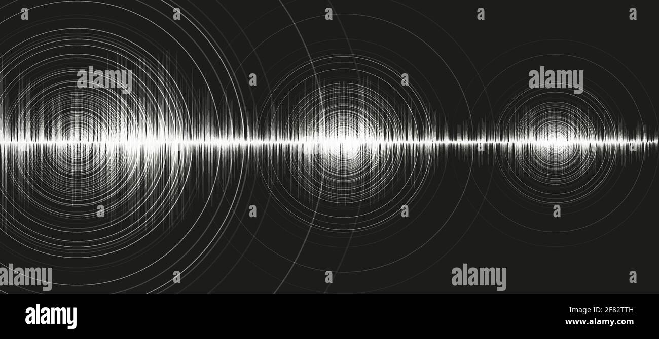 White Digital Sound Wave Low and Hight richter scale with Circle Vibration on Black Background,technology and earthquake wave  diagram concept,design Stock Vector