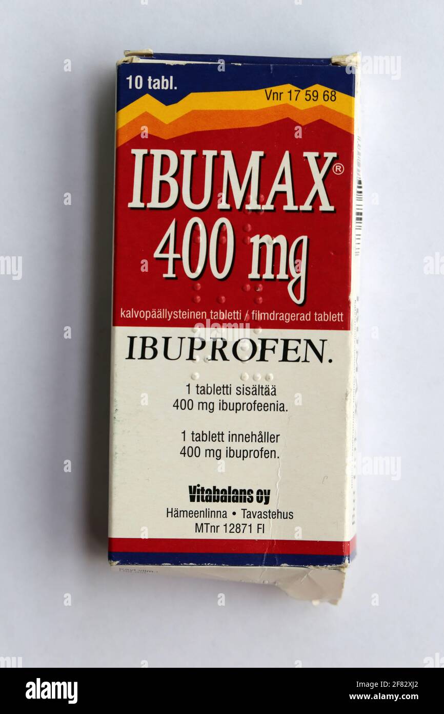 Ibuprofen (Ibumax 400mg) tablets, this is a non steroidal anti-inflammatory drug (NSAID) that relieves pain and treat inflammation. Stock Photo