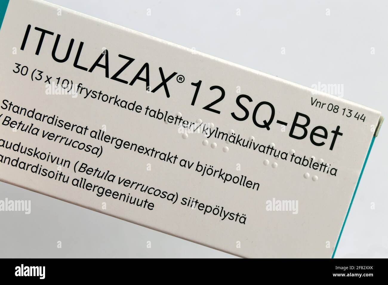Itulazax tree sublingual allergy immunotherapy (SLIT) tablets used to desensitization of birch and tree pollen allergies. Apr 2020, Espoo, Finland. Stock Photo