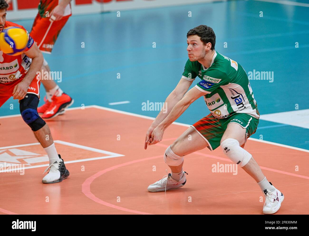Roeselare, Belgium. 10th Apr, 2021. Dutch libero Just Dronkers of Maaseik  pictured during a Volleyball game between Knack Volley Roeselare and  Greenyard Maaseik, the third game in a best of five in