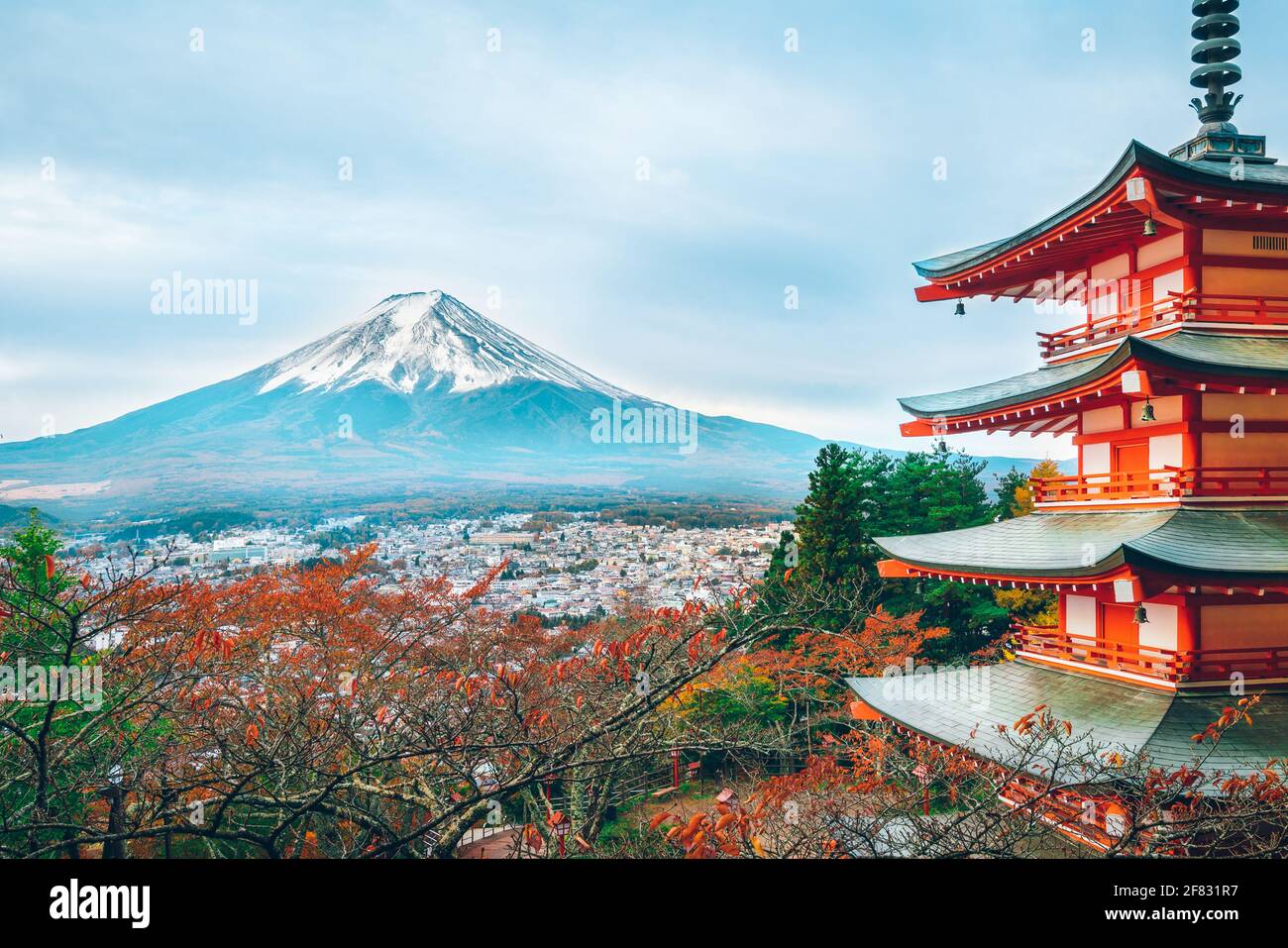 Mount Fuji and Chureito Pagoda at sunrise in autumn, Japan. The Pagoda is in Arakura Sengen