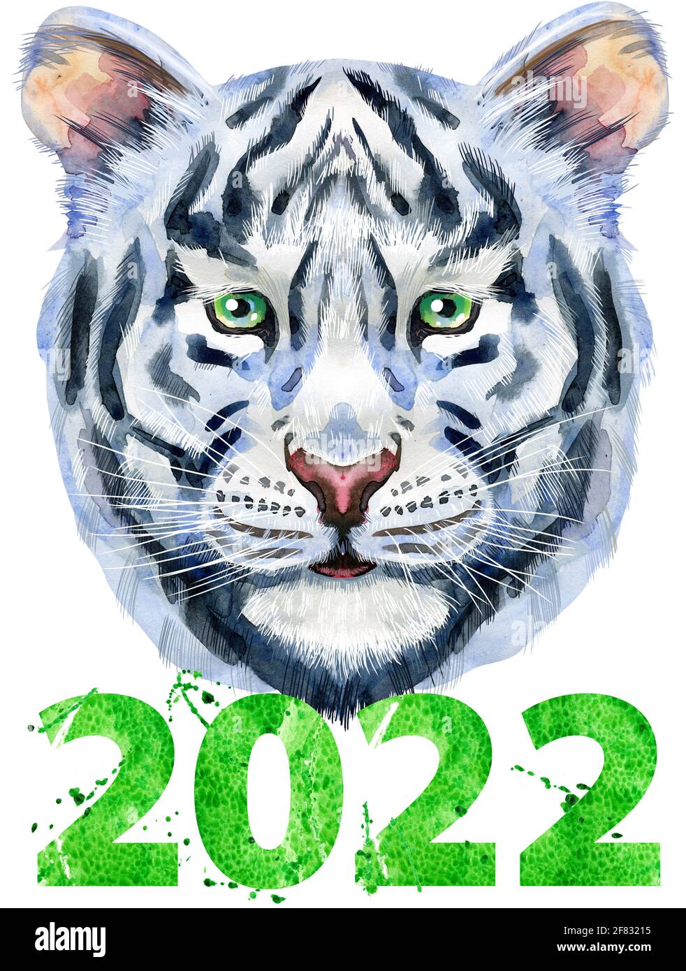 Watercolor illustration of white tiger with number two thousand and twenty two Stock Photo