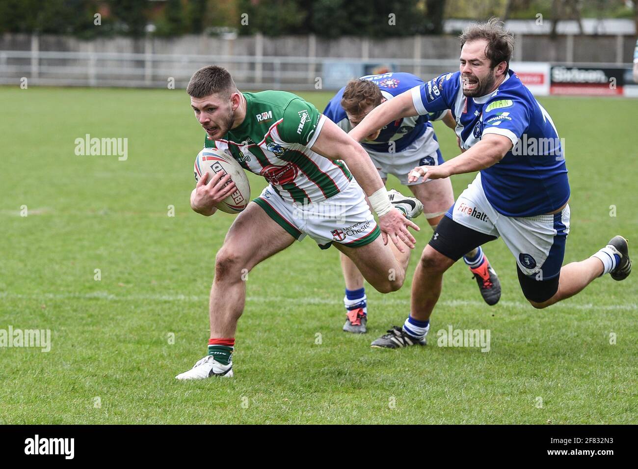 Sale, England - 11th April 2021 - Danny Walker (16) of Warrington Wolves skips through to score try during the Rugby League Betfred Challenge Cup Round 3 Swinton Lions vs Warrington Wolves at Heywood Road Stadium, Sale, UK  Dean Williams/Alamy Live News Stock Photo