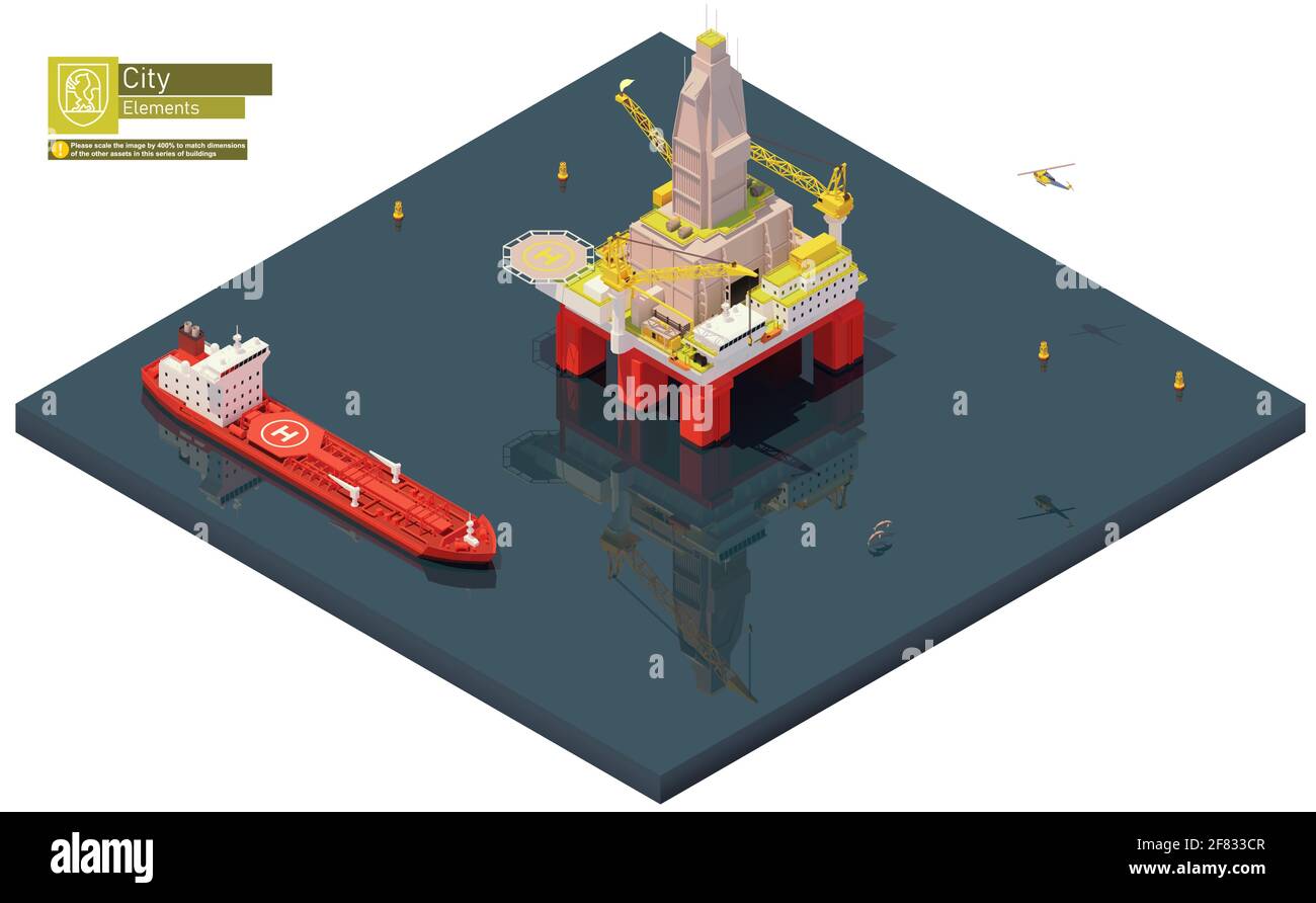 Vector isometric offshore drilling rig and tanker ship Stock Vector