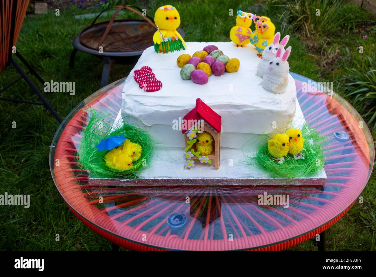 Easter cake with rabbit and chick decorations Stock Photo