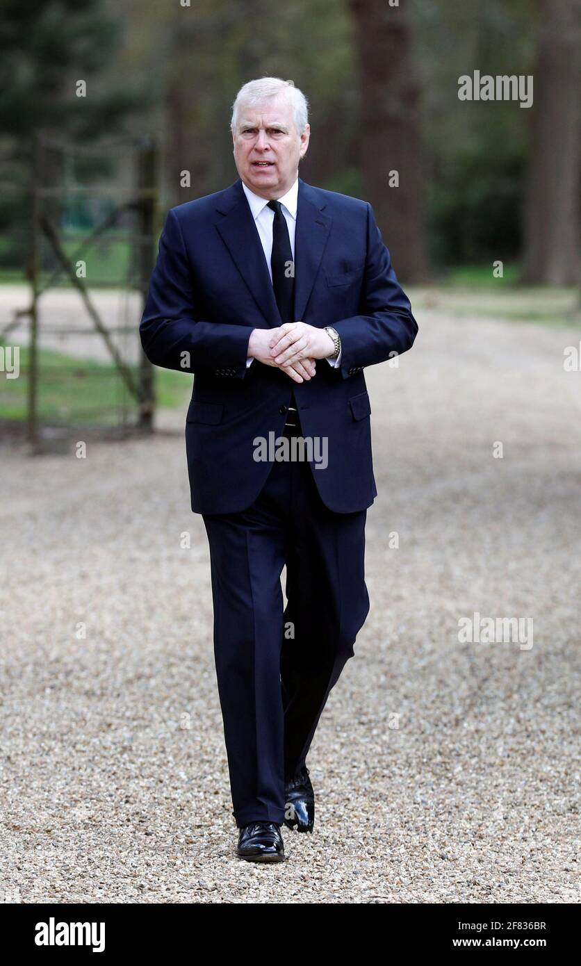 Britain's Prince Andrew attends Sunday service at the Royal Chapel of All Saints at Windsor Great Park, Britain following Friday's death of his father Prince Philip at age 99, April 11, 2021. Steve Parsons/PA Wire/Pool via REUTERS REFILE - CORRECTING LOCATION Stock Photo