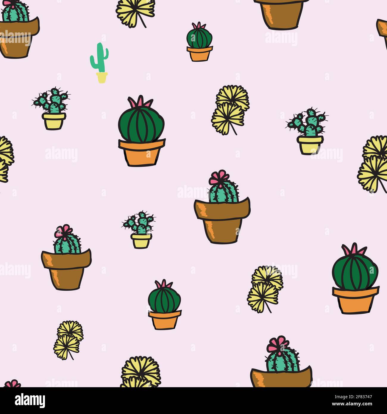 Vector pink background cactus plant in pot, succulents seamless pattern ...