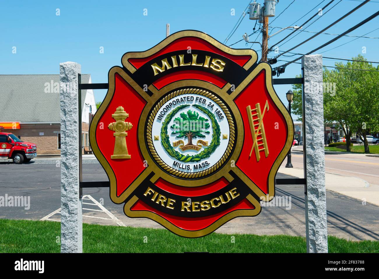 Sign of Millis Fire Department on Main Street at the town center of