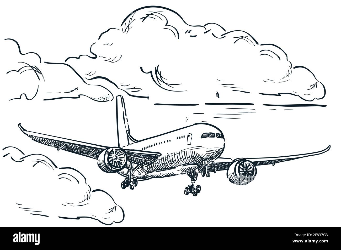 Plane flies in sky clouds, vector sketch illustration. Air travel, tourism flight, plane tickets booking hand drawn isolated design elements Stock Vector