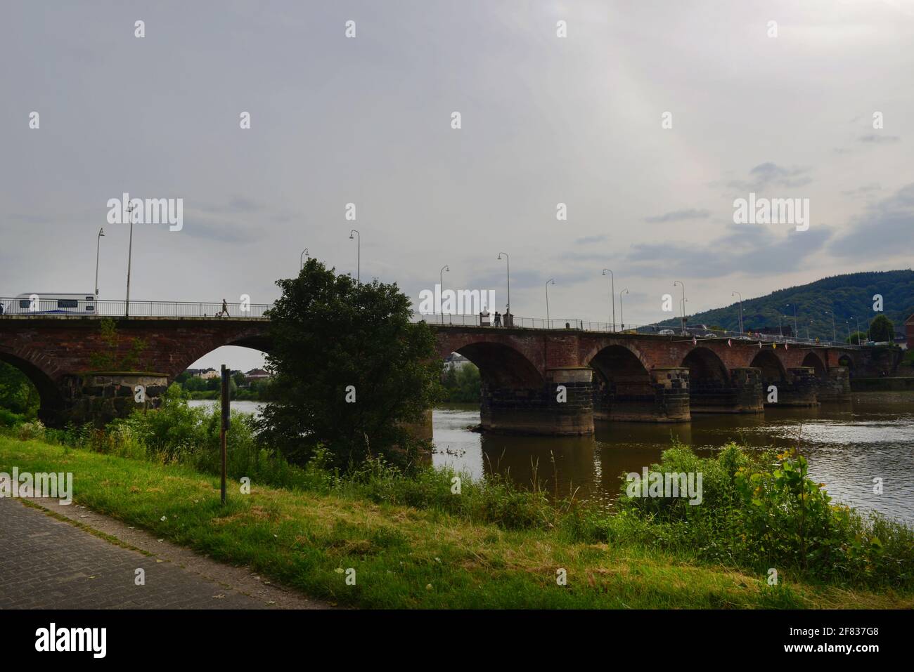 A view of the Römerbrücke, ancient Roman times bridge over the Mosel river, Trier, Germany Stock Photo