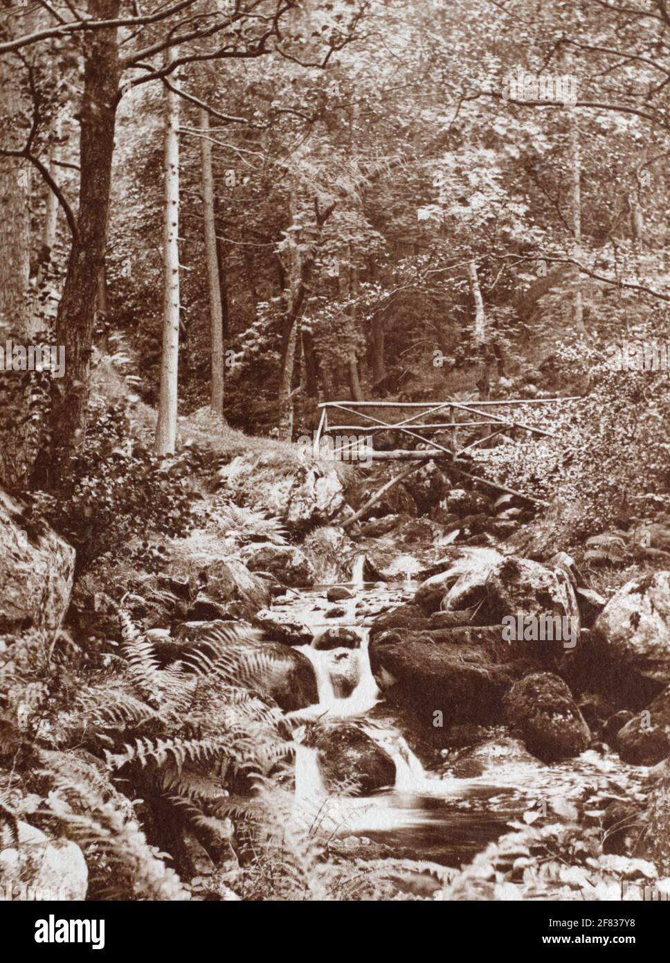 A historical view of a smal bridge over a waterfall in Fairy Glen near Penmaenmawr, Clwyd, Wales, UK, taken from a postcard c. 1903. Stock Photo