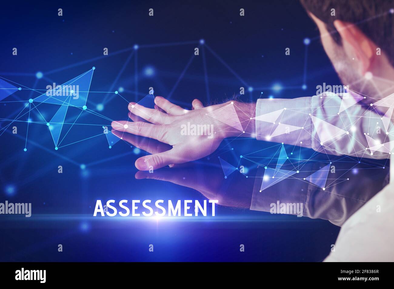 Businessman touching huge screen concept Stock Photo