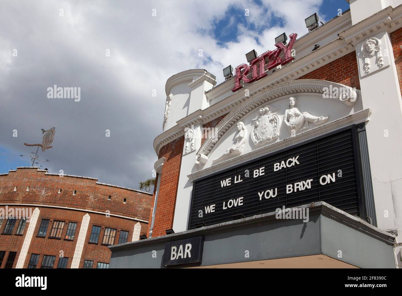 London, UK, 11 April 2021: In Brixton the Ritzy cinema remains shuttered as the lockdown easing won't allow indoor entertainments to reopen before 17 May at earliest. Anna Watson/Alamy Live News Stock Photo