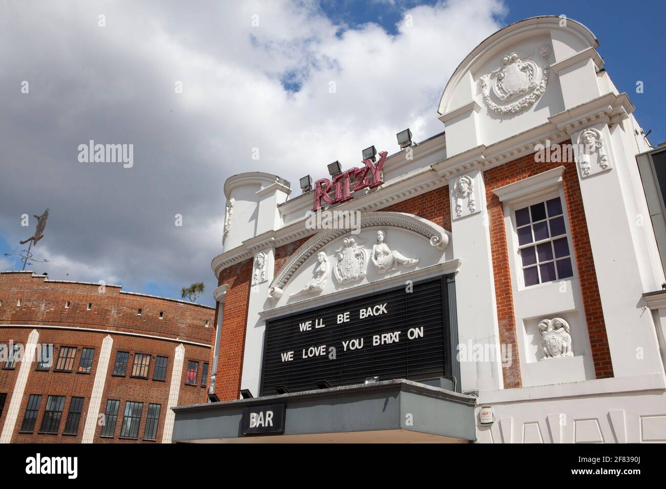 London, UK, 11 April 2021: In Brixton the Ritzy cinema remains shuttered as the lockdown easing won't allow indoor entertainments to reopen before 17 May at earliest. Anna Watson/Alamy Live News Stock Photo