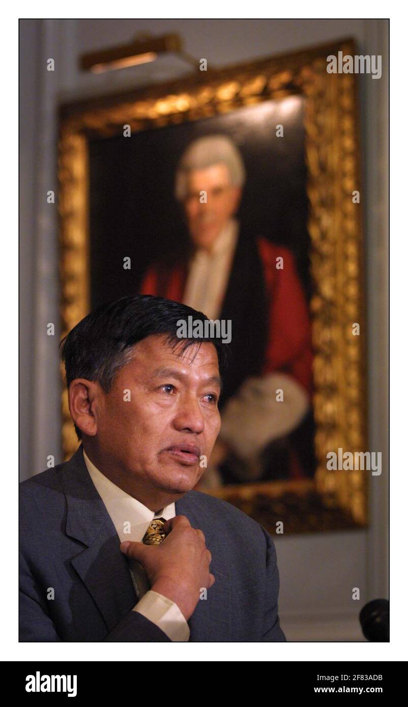 Padam Bahadur Gurung, President of Gurkha Army Ex-Servicemen Association speaks at a press conference re 20 test cases for ex-Gurkhas, living in Nepal, starting in the High Court London next week. The Gurkhas will be represented in court by Cherie Booth QC.pic David Sandison 8/5/2002 Stock Photo