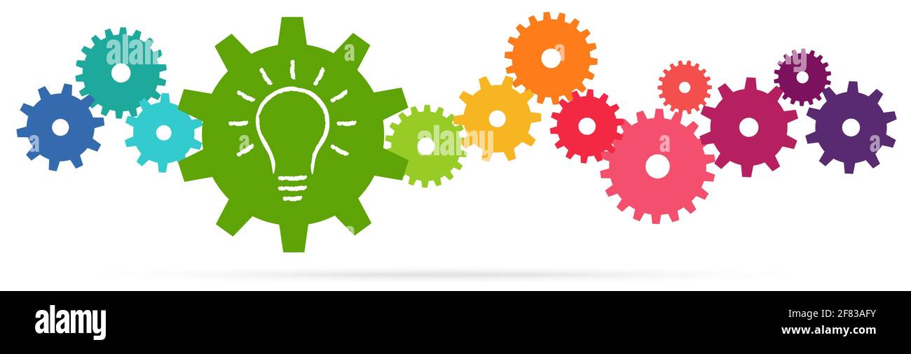 eps vector illustration of colored gears symbolizing cooperation or teamwork process with glowing light bulb for great solution idea Stock Vector