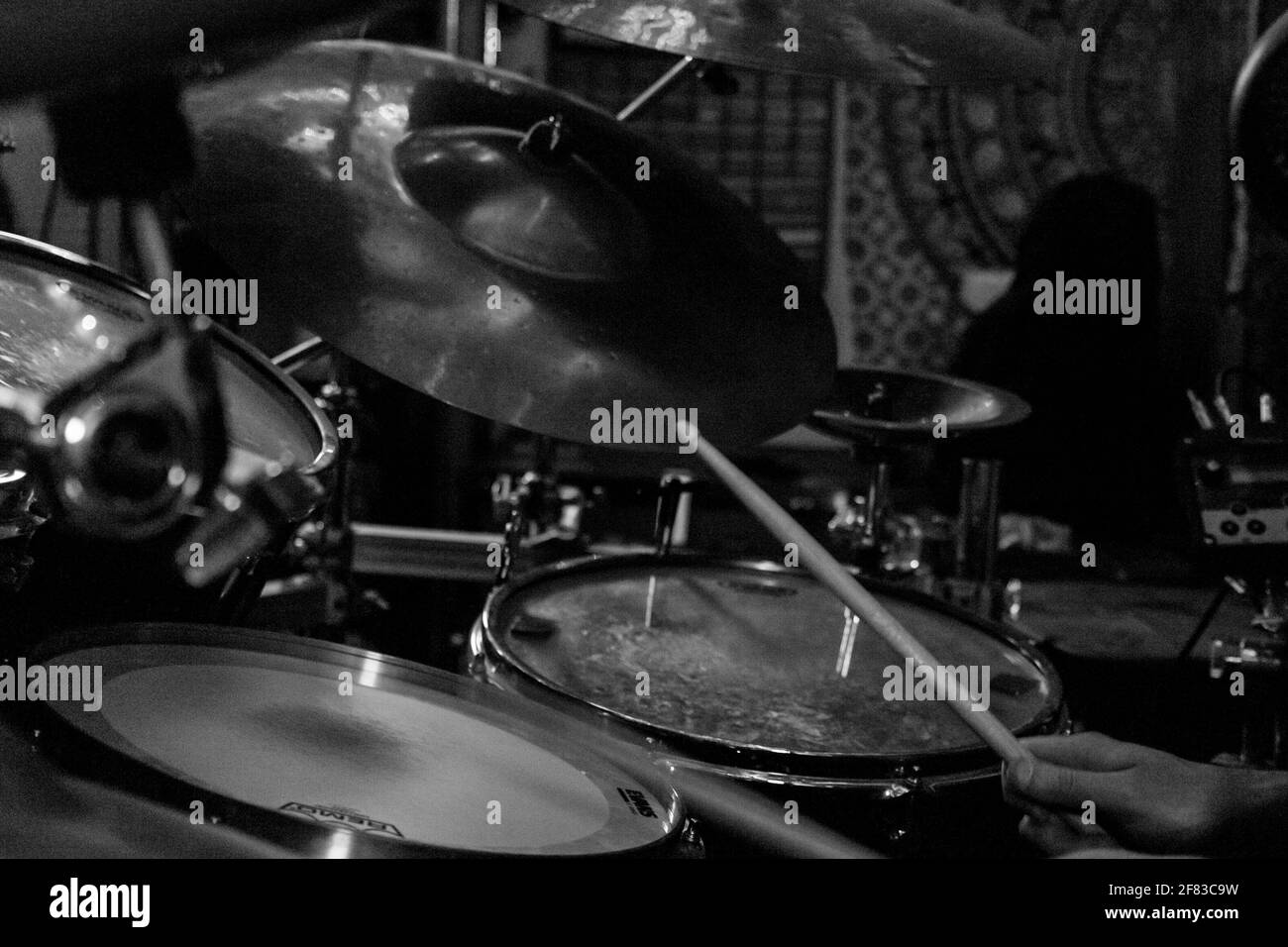 Drumming, closeup of hands, snare, cymbals Stock Photo