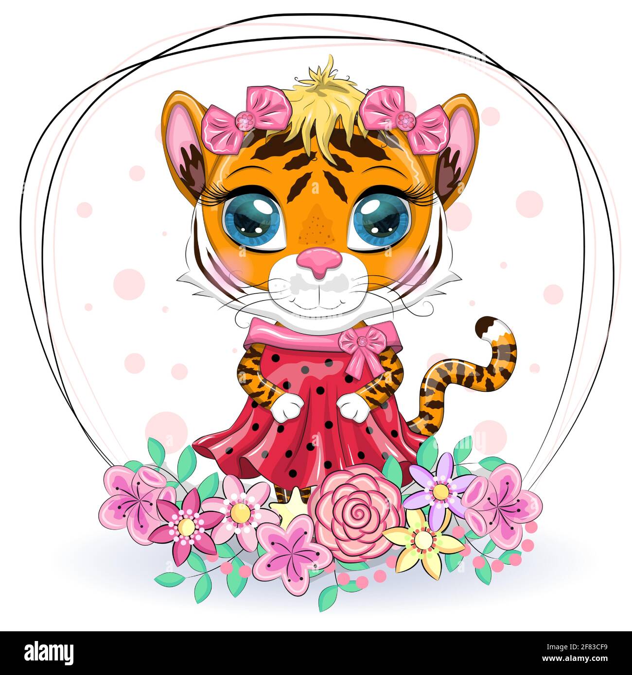 2022 新年 虎・Girl Cute cartoon tiger girl with beautiful eyes in a dress. Chinese