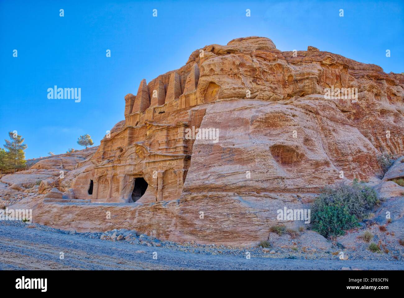 The Obelisk Tomb, a major Nabatean monument from the 1st century AD has four pyramidal obelisks (nephesh, in Nabataean Aramaic for “soul”) and a carve Stock Photo