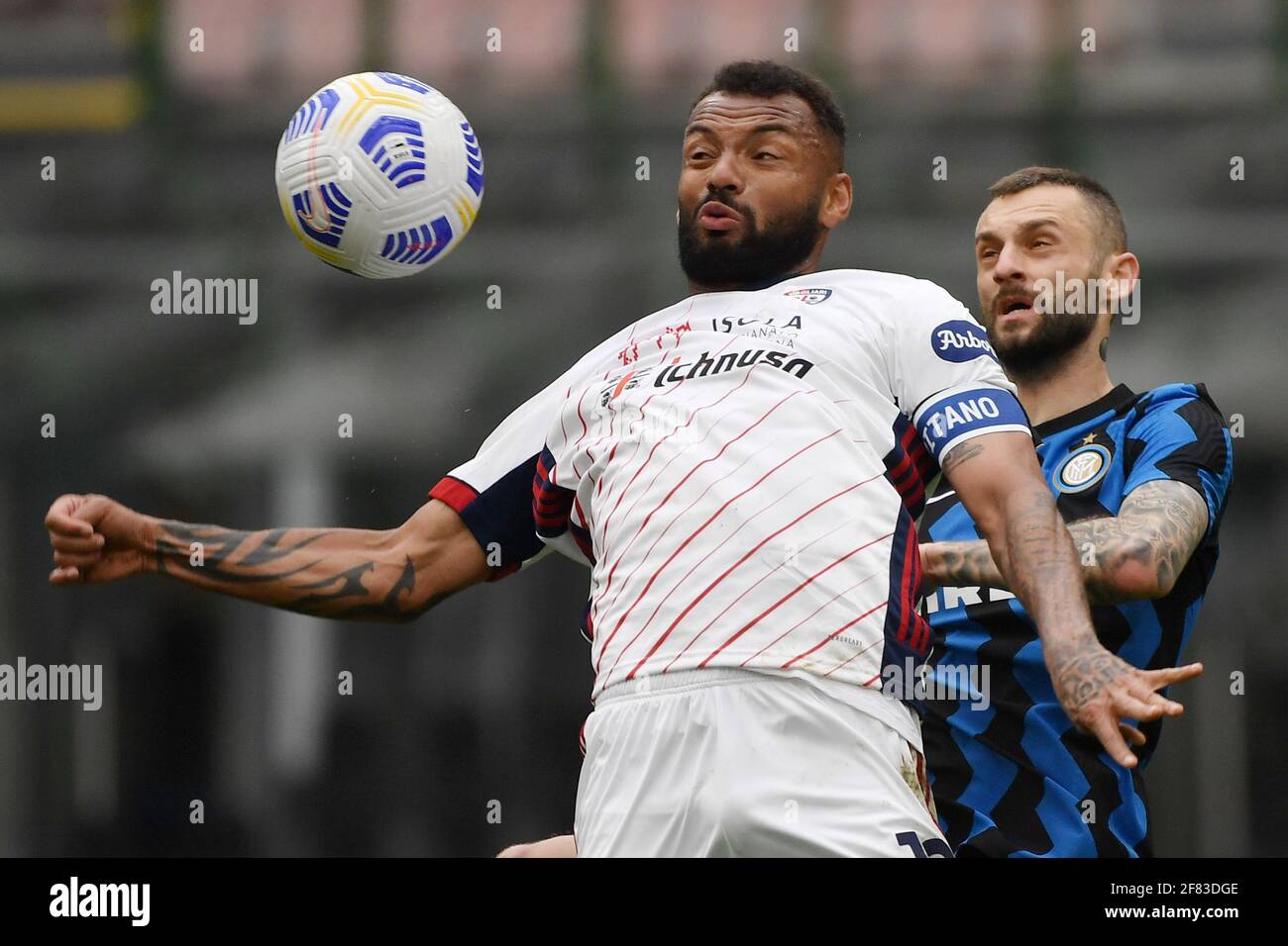 Milano Italy 11th Apr 21 Joao Pedro Of Cagliari Calcio And Marcelo Brozovic Of Fc Internazionale Compete For The Ball During The Serie A Football Match Between Fc Internazionale And Cagliari Calcio