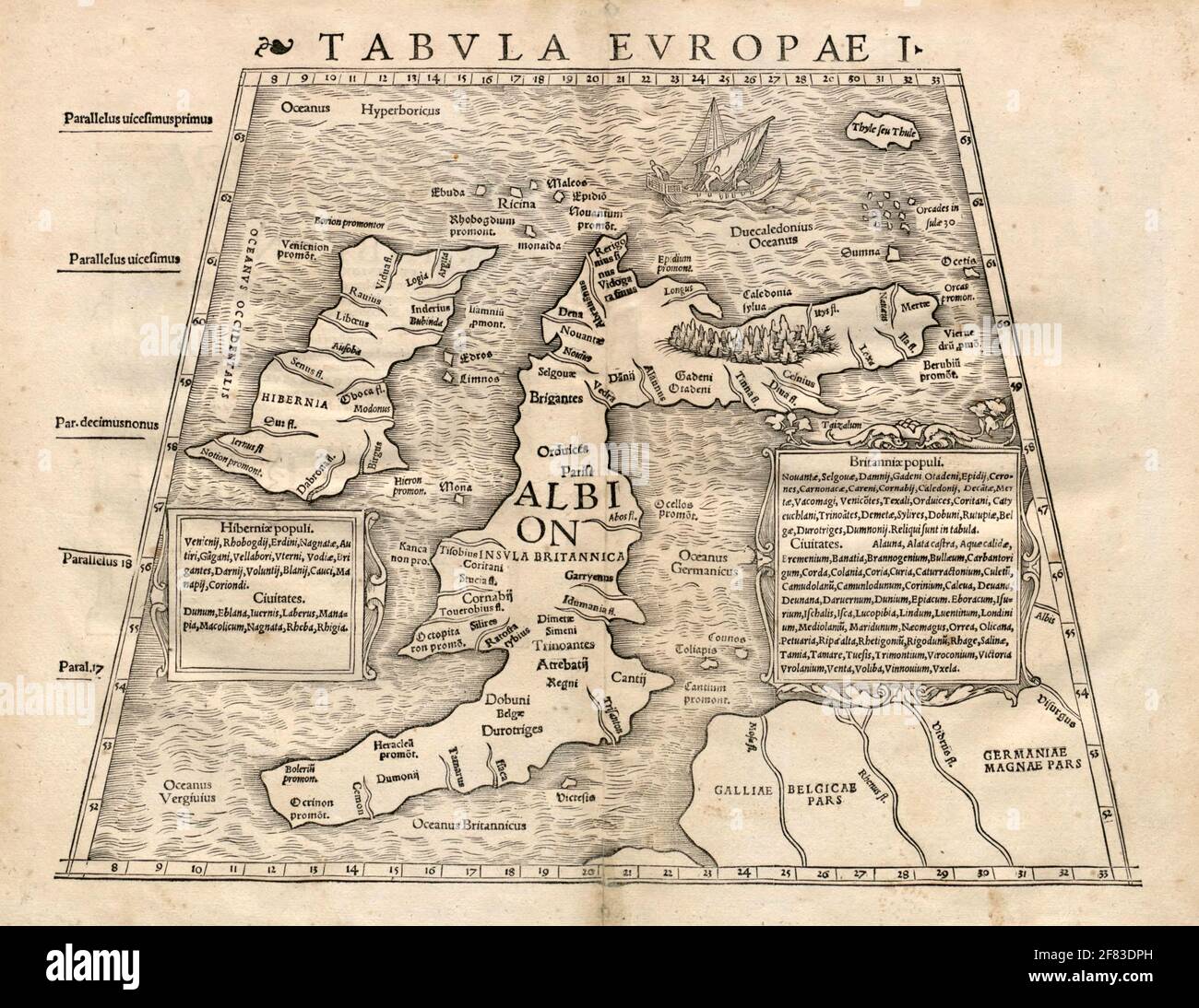 Beautiful vintage hand drawn map illustration of Europe from Geographia Universalis, Vetus et Nova from 1542. It shown known world until that time. Stock Photo