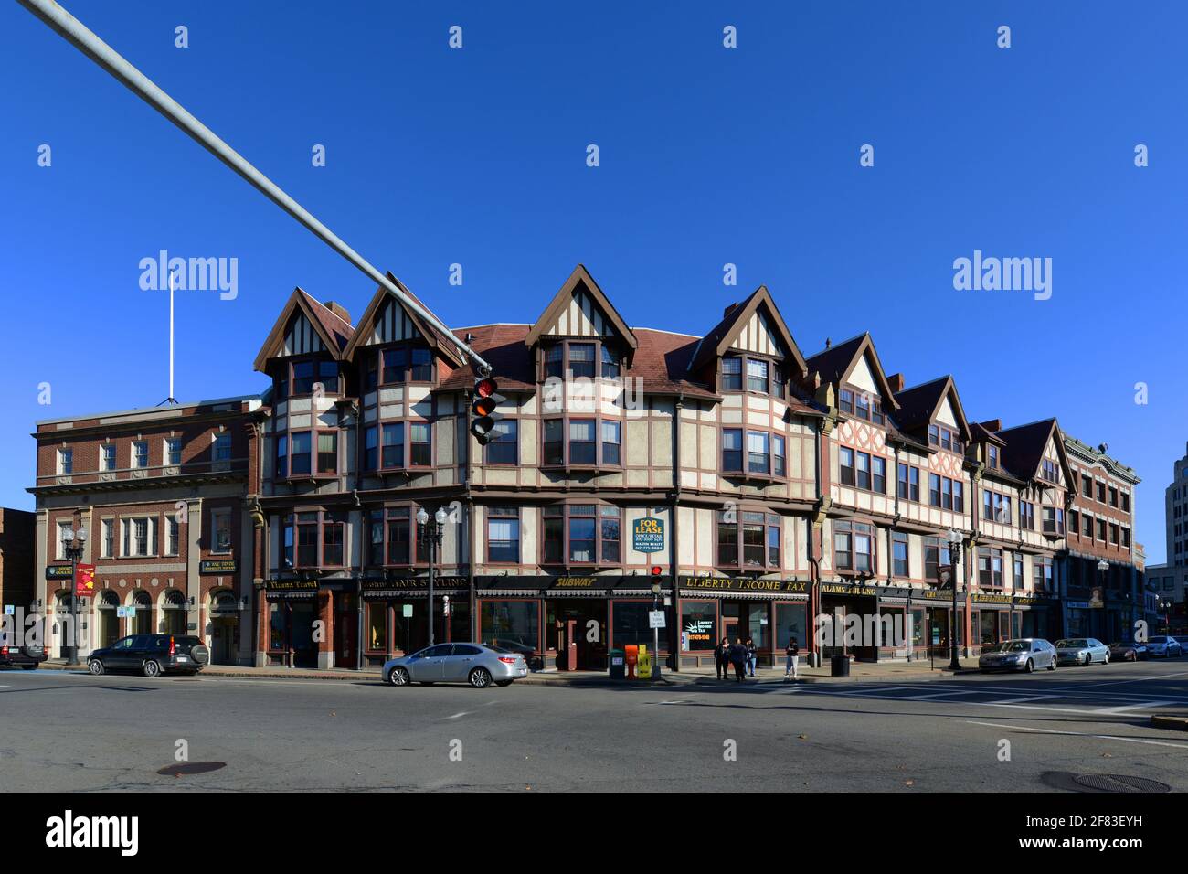 Adams Building, built in 1880, is a historical commercial building with Tudor Revival style at Hancock Street in downtown Quincy, Massachusetts MA, US Stock Photo