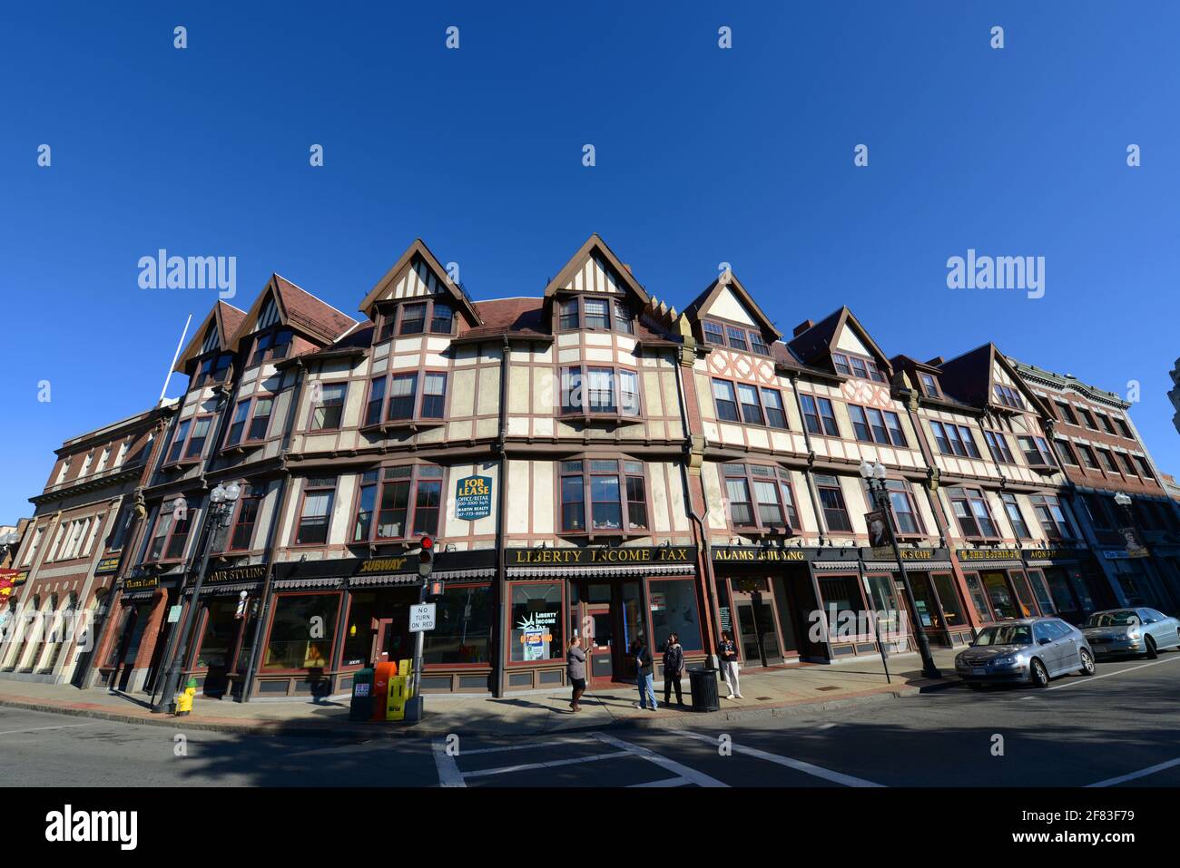 Adams Building, built in 1880, is a historical commercial building with Tudor Revival style at Hancock Street in downtown Quincy, Massachusetts MA, US Stock Photo